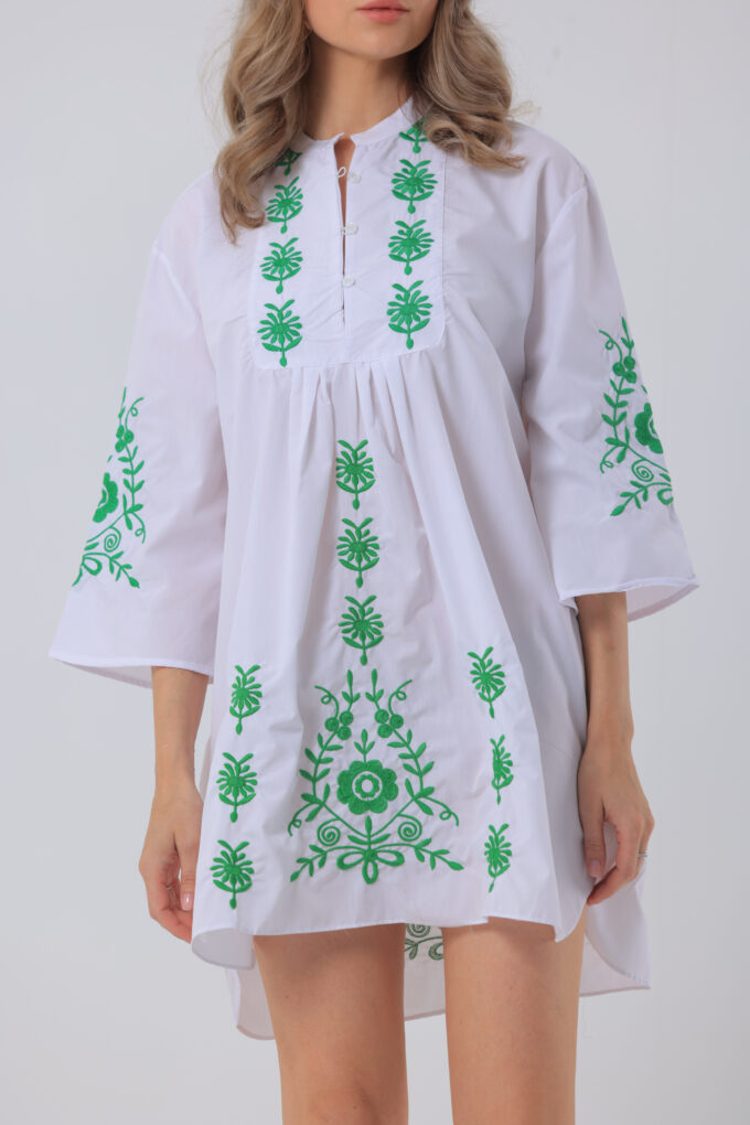 White Dress with Green Embroidery