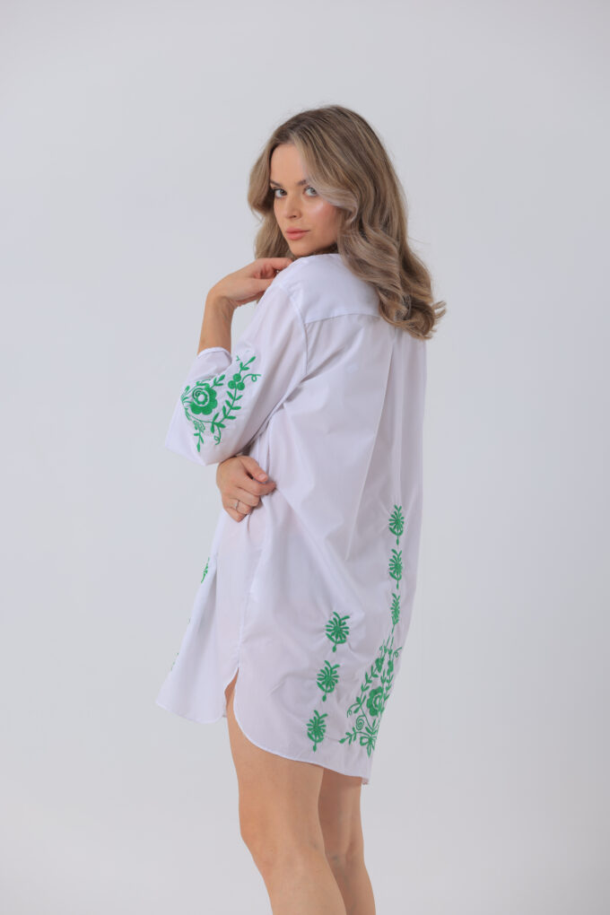 White Dress with Green Embroidery