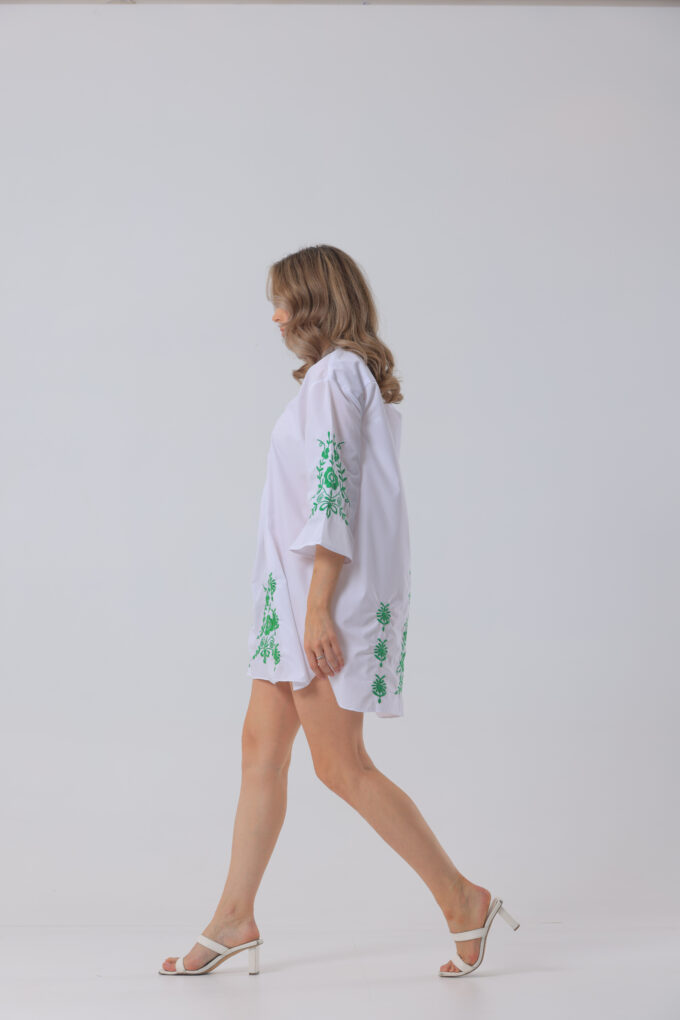 White Dress with Green Embroidery