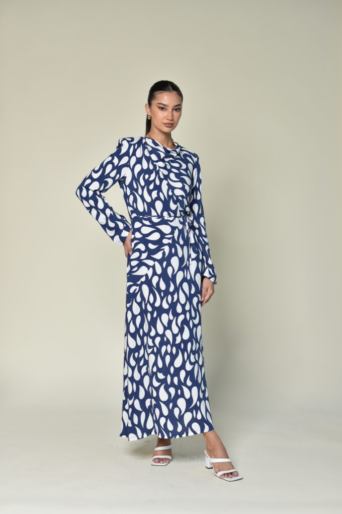 Patterned Blue Belt Dress