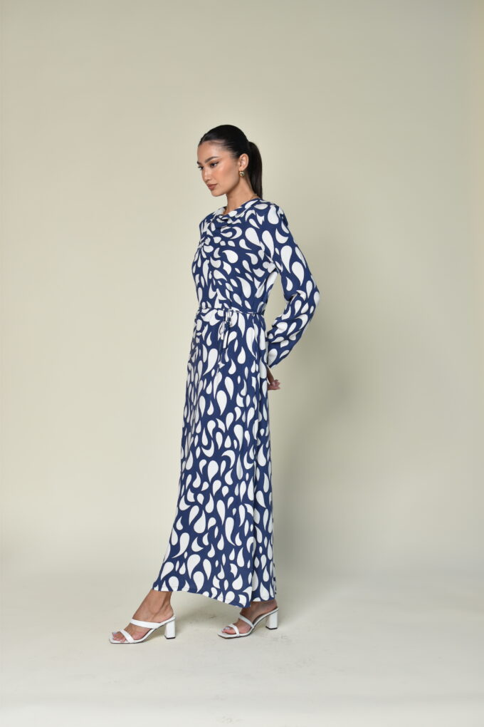 Patterned Blue Belt Dress