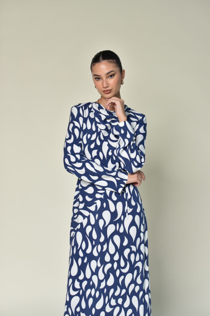 Patterned Blue Belt Dress