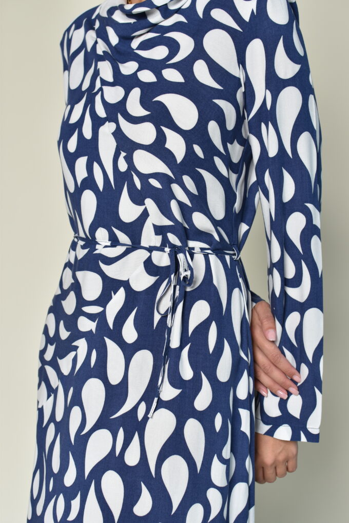 Patterned Blue Belt Dress