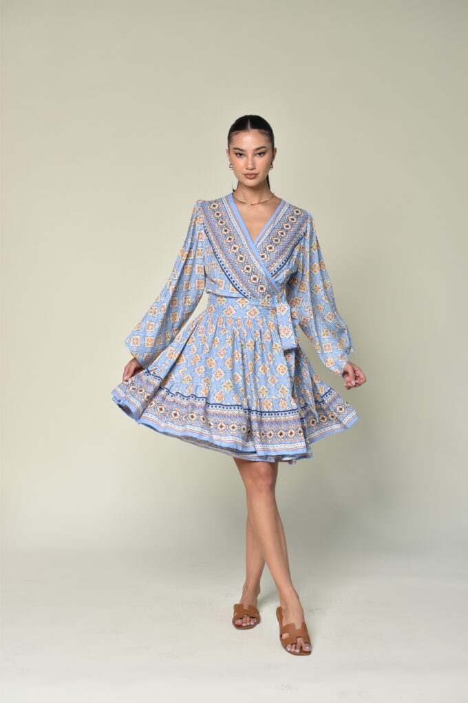 Blue Patterned Short Dress