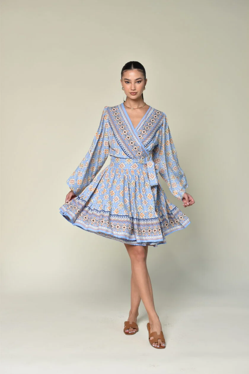 Blue Patterned Short Dress - Image 2
