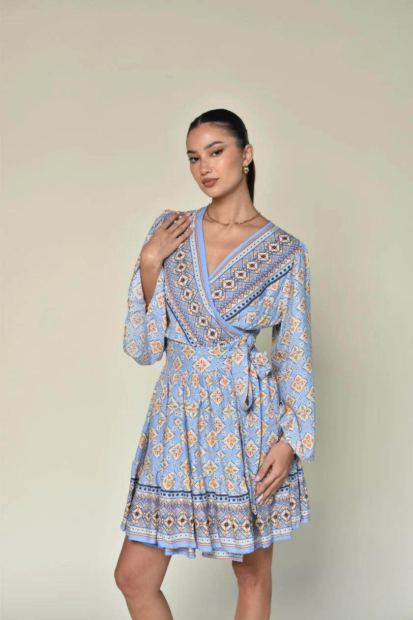 Blue Patterned Short Dress - Image 5