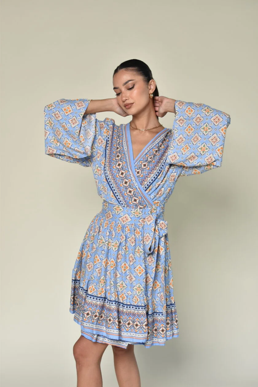 Blue Patterned Short Dress - Image 4